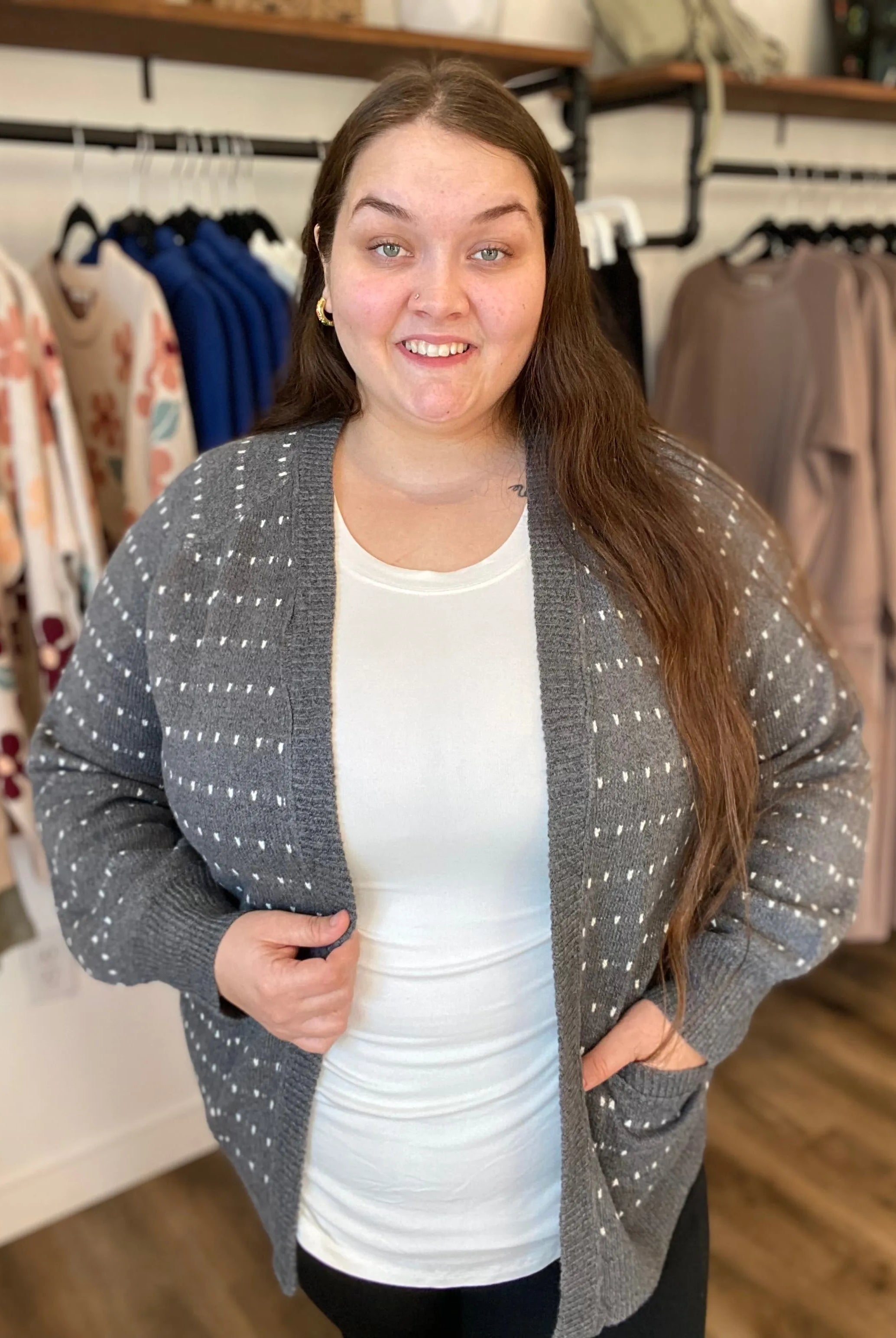 Shop Dot Striped Cardigan - Charcoal- at Ruby Joy Boutique, a Women's Clothing Store in Pickerington, Ohio