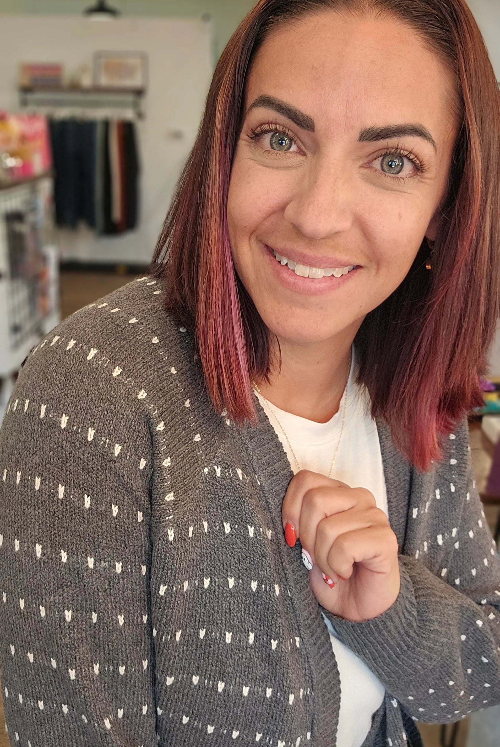 Shop Dot Striped Cardigan - Charcoal- at Ruby Joy Boutique, a Women's Clothing Store in Pickerington, Ohio