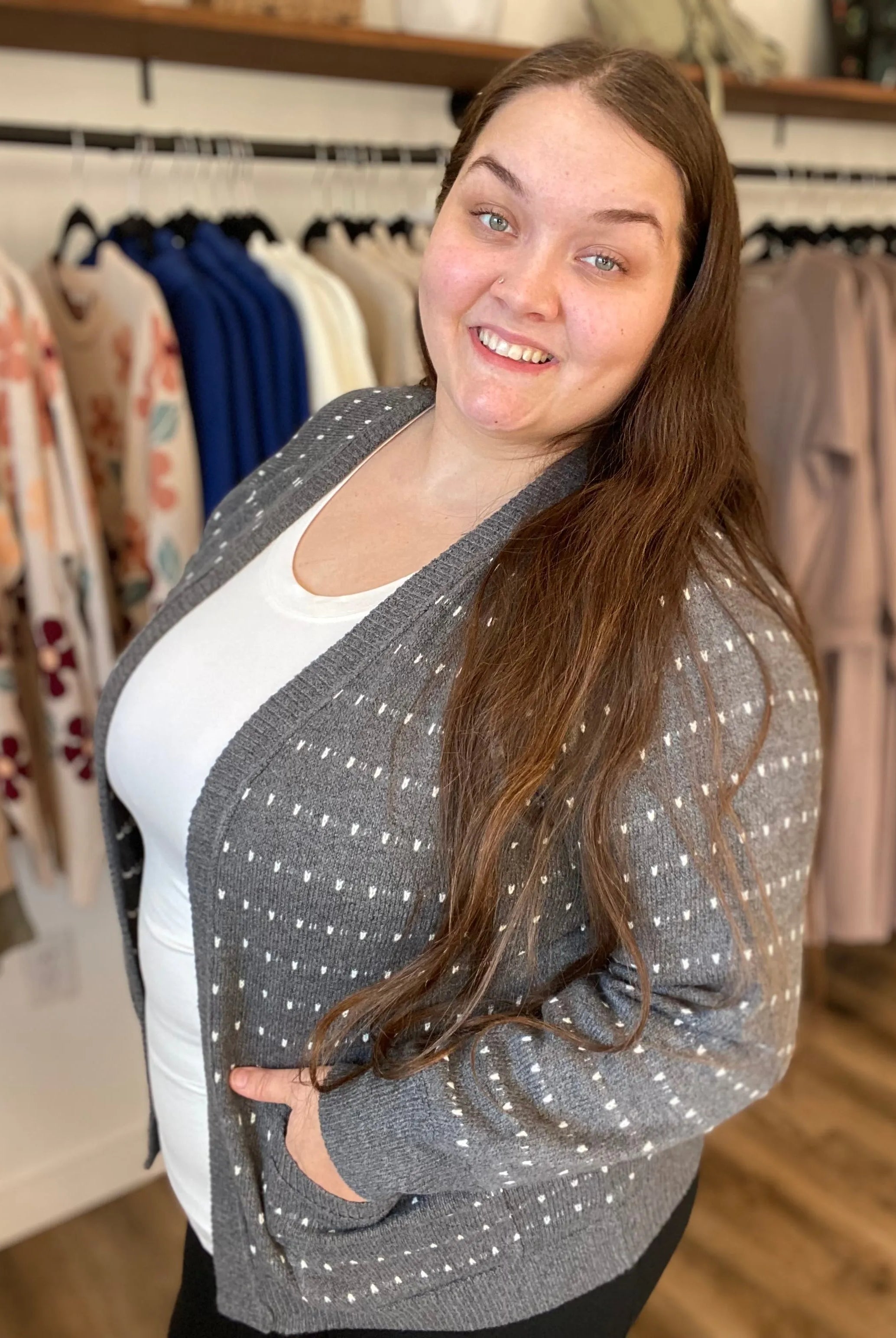 Shop Dot Striped Cardigan - Charcoal- at Ruby Joy Boutique, a Women's Clothing Store in Pickerington, Ohio