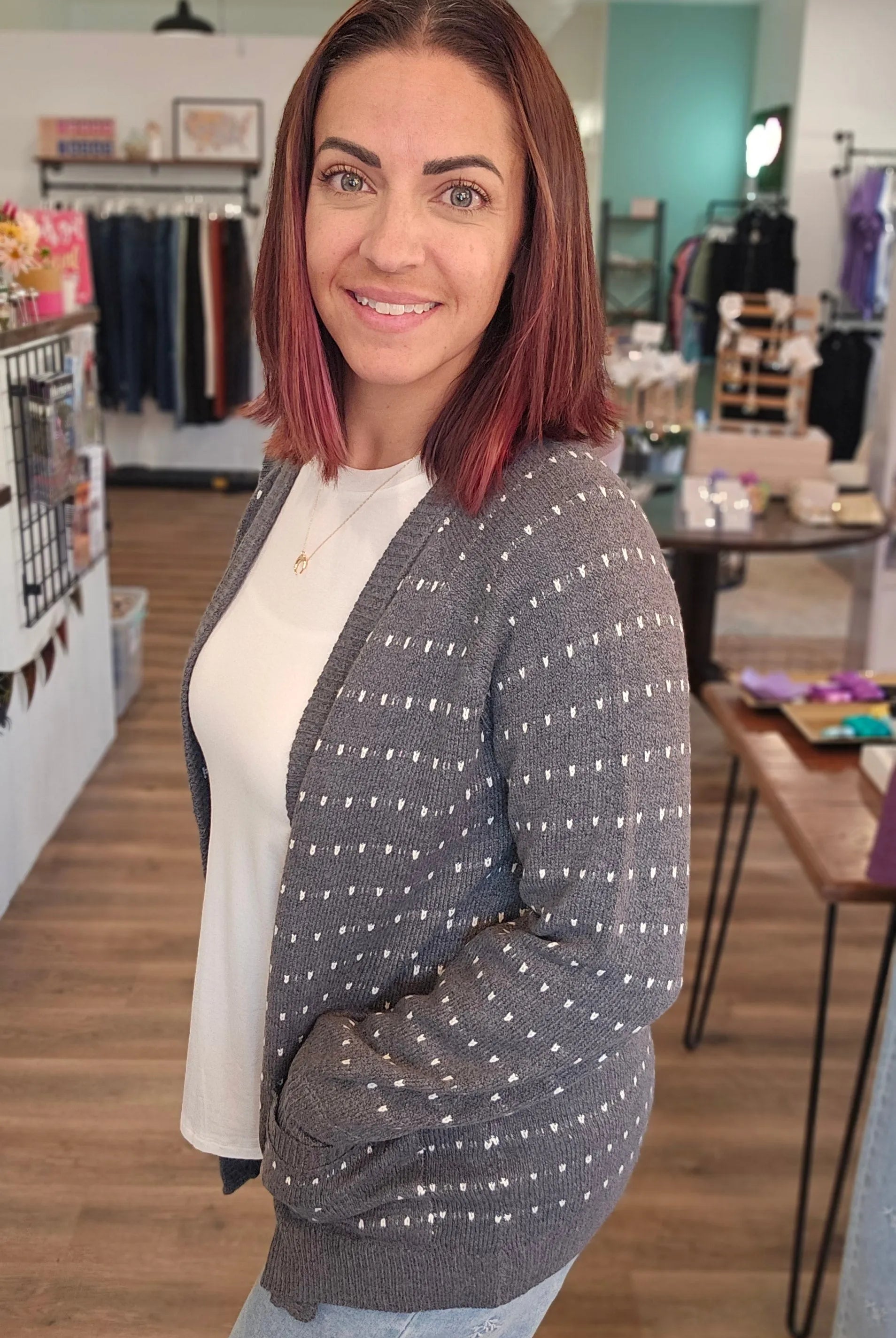 Shop Dot Striped Cardigan - Charcoal- at Ruby Joy Boutique, a Women's Clothing Store in Pickerington, Ohio