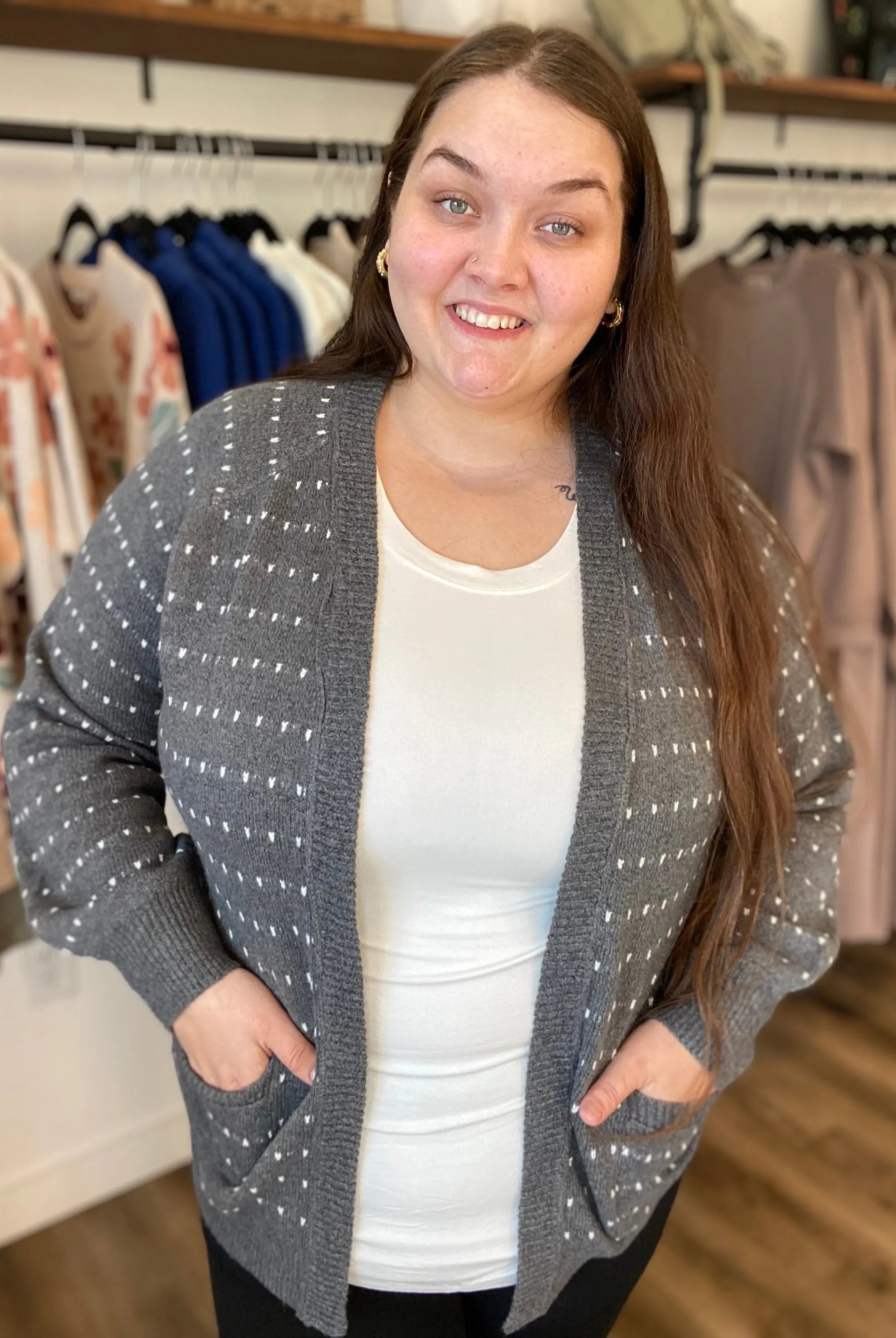 Shop Dot Striped Cardigan - Charcoal- at Ruby Joy Boutique, a Women's Clothing Store in Pickerington, Ohio