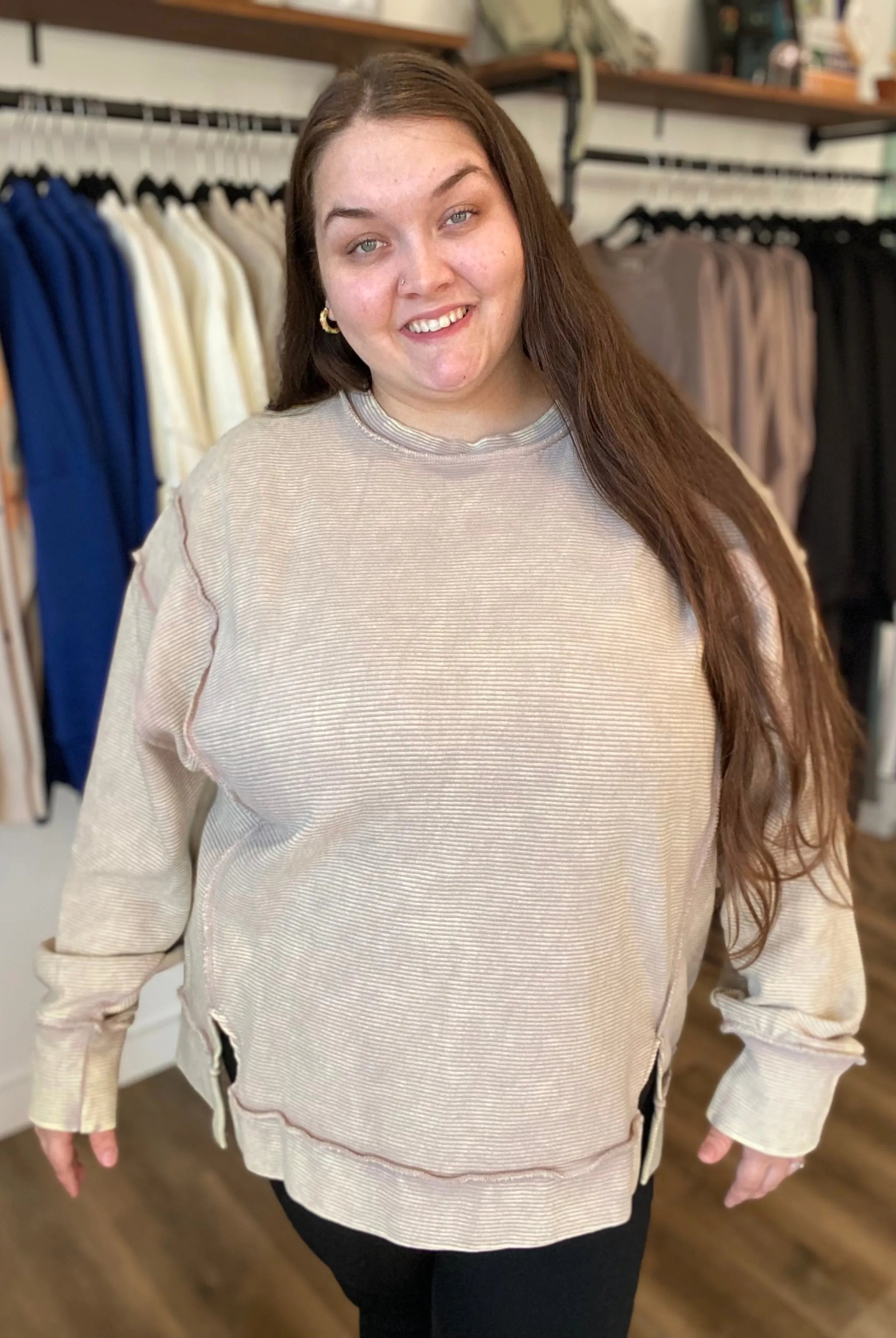 Shop Double Ribbed Washed Pullover - Mocha- at Ruby Joy Boutique, a Women's Clothing Store in Pickerington, Ohio