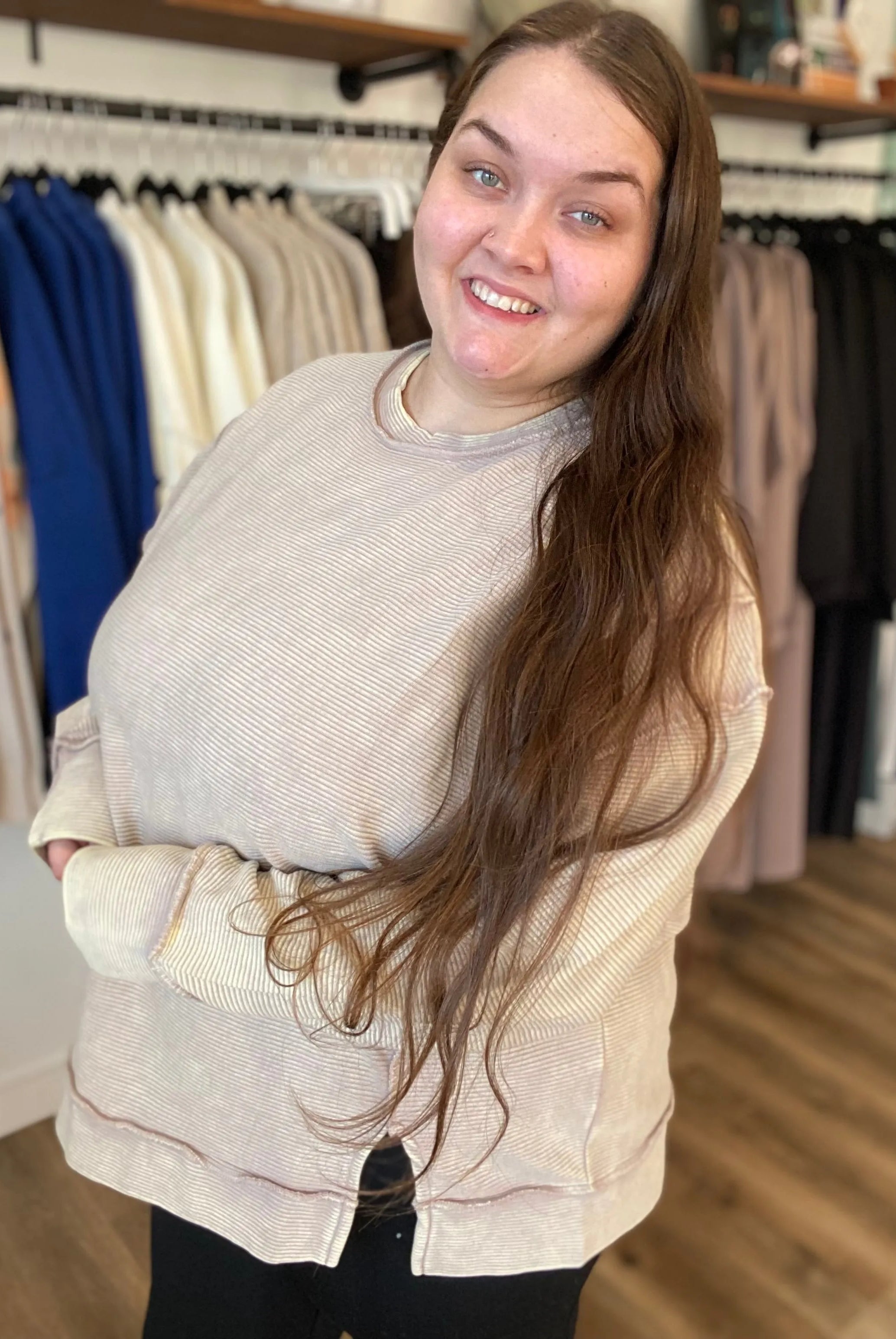 Shop Double Ribbed Washed Pullover - Mocha- at Ruby Joy Boutique, a Women's Clothing Store in Pickerington, Ohio