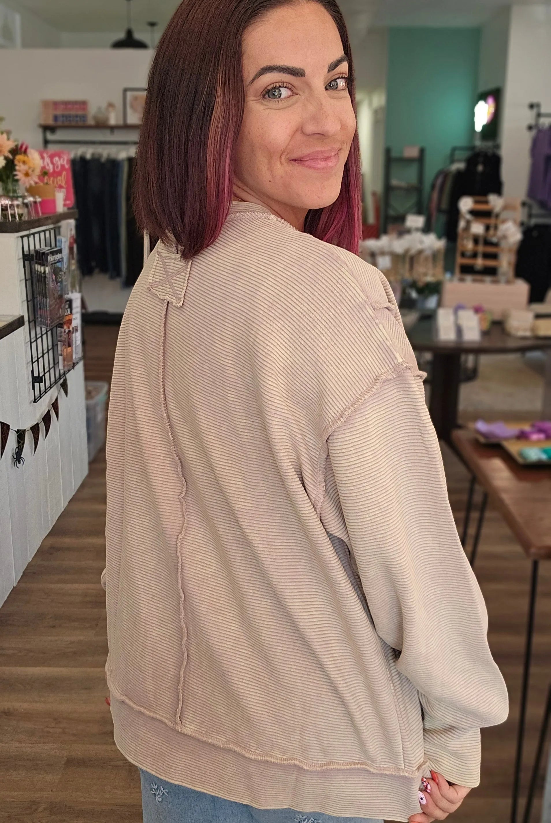 Shop Double Ribbed Washed Pullover - Mocha- at Ruby Joy Boutique, a Women's Clothing Store in Pickerington, Ohio