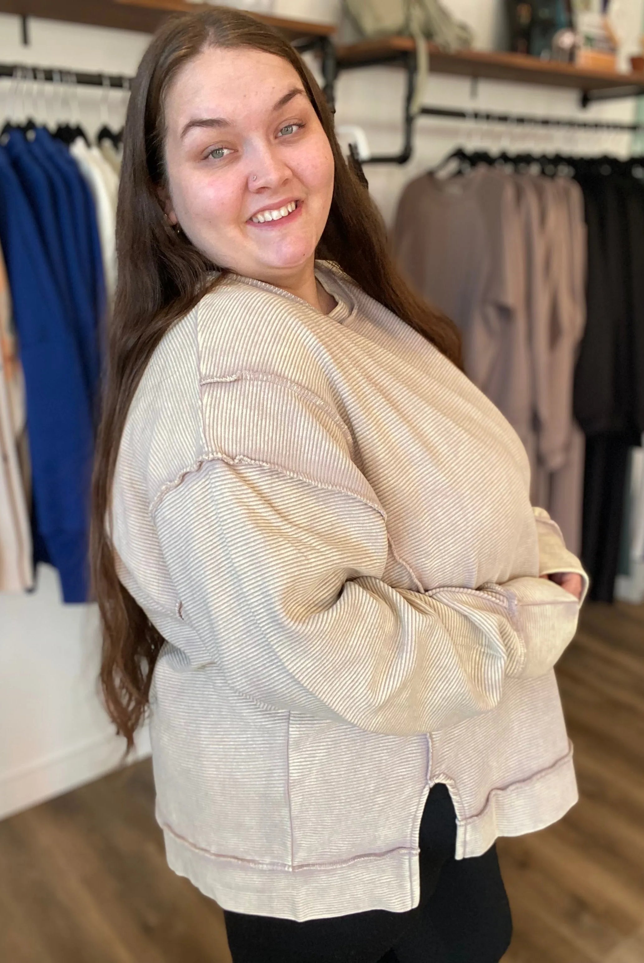 Shop Double Ribbed Washed Pullover - Mocha- at Ruby Joy Boutique, a Women's Clothing Store in Pickerington, Ohio