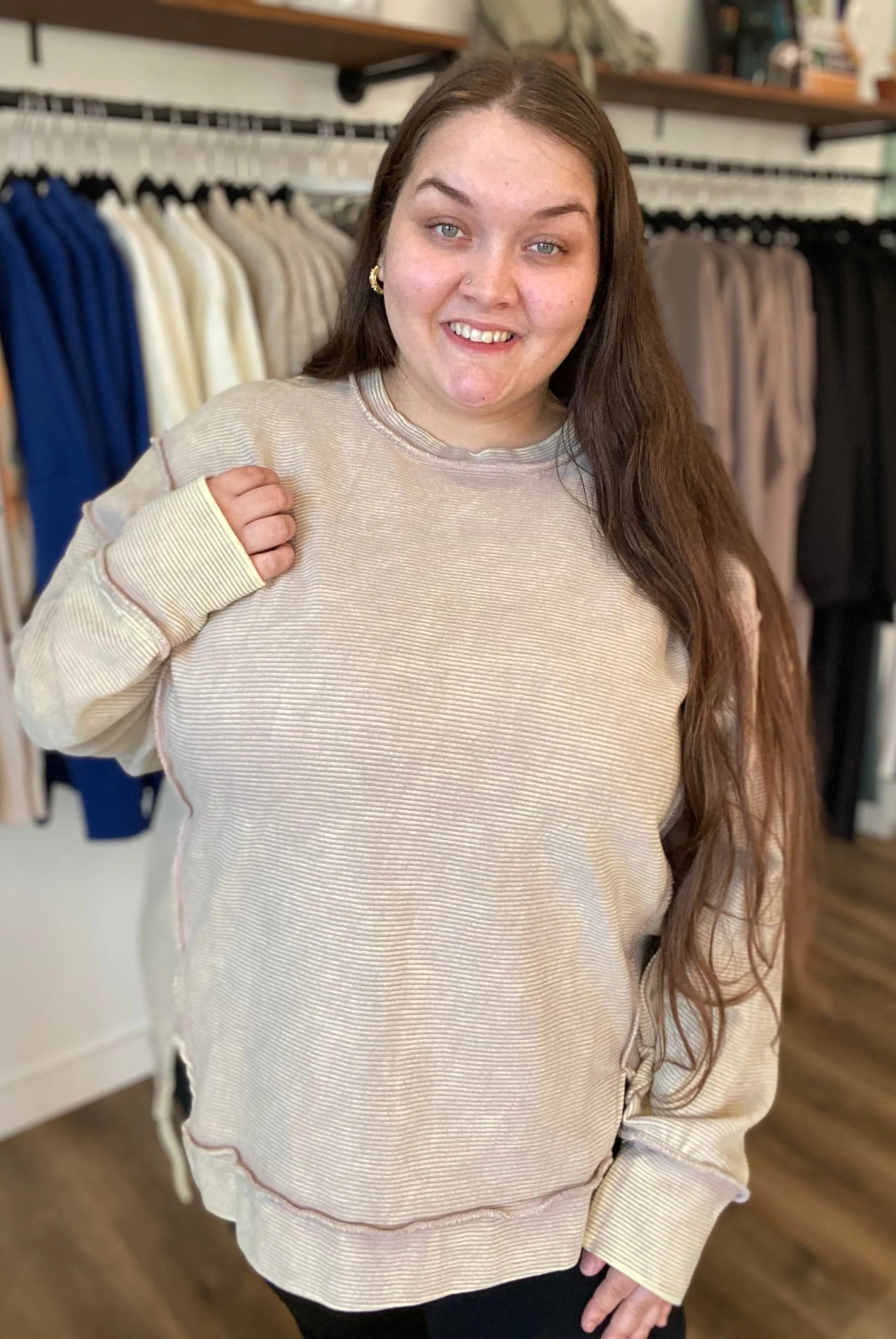Shop Double Ribbed Washed Pullover - Mocha- at Ruby Joy Boutique, a Women's Clothing Store in Pickerington, Ohio