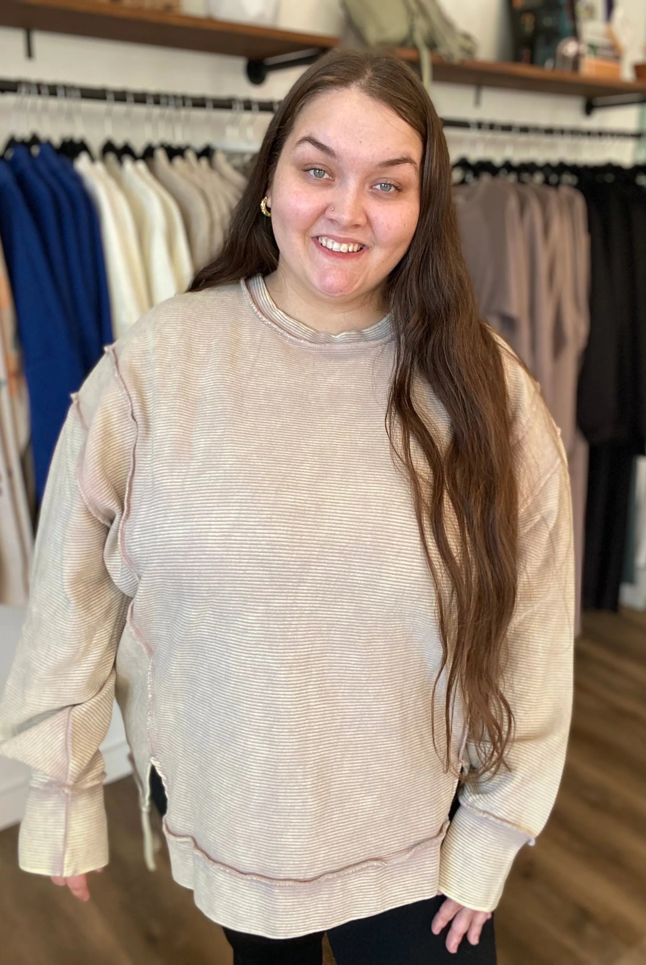 Shop Double Ribbed Washed Pullover - Mocha- at Ruby Joy Boutique, a Women's Clothing Store in Pickerington, Ohio