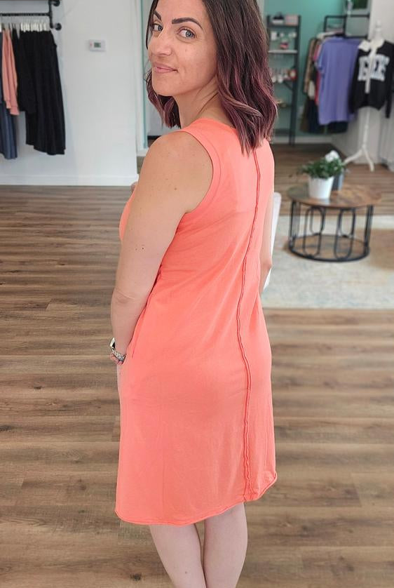 Shop Easy Breezy Raw Edge Dress with Pockets - Coral- at Ruby Joy Boutique, a Women's Clothing Store in Pickerington, Ohio