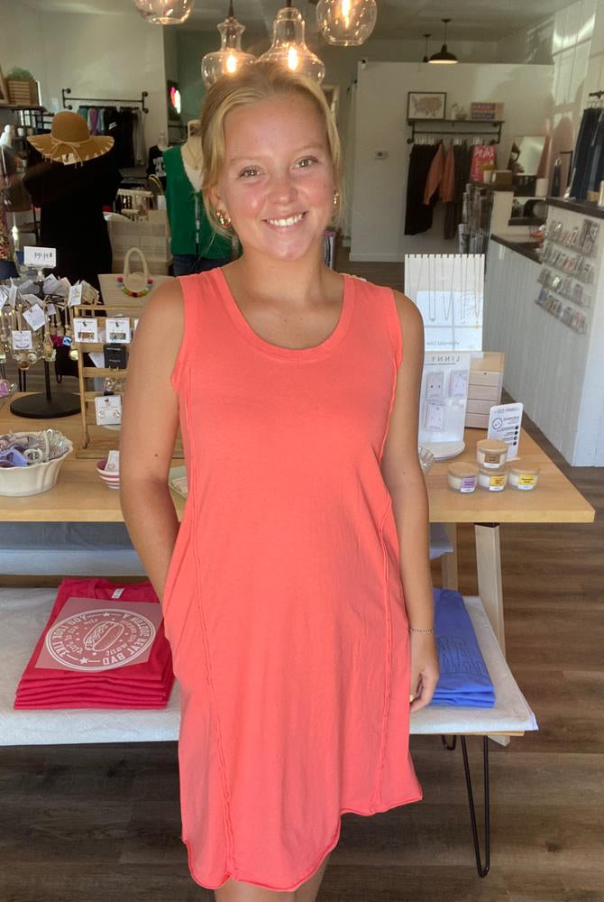 Shop Easy Breezy Raw Edge Dress with Pockets - Coral- at Ruby Joy Boutique, a Women's Clothing Store in Pickerington, Ohio