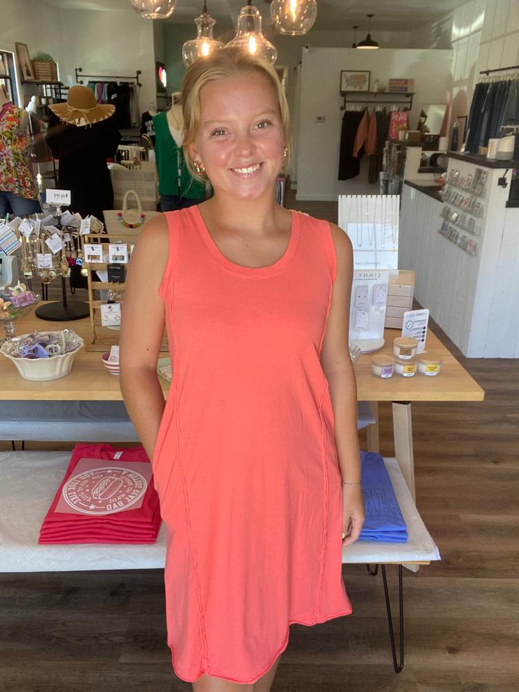 Shop Easy Breezy Raw Edge Dress with Pockets - Coral- at Ruby Joy Boutique, a Women's Clothing Store in Pickerington, Ohio