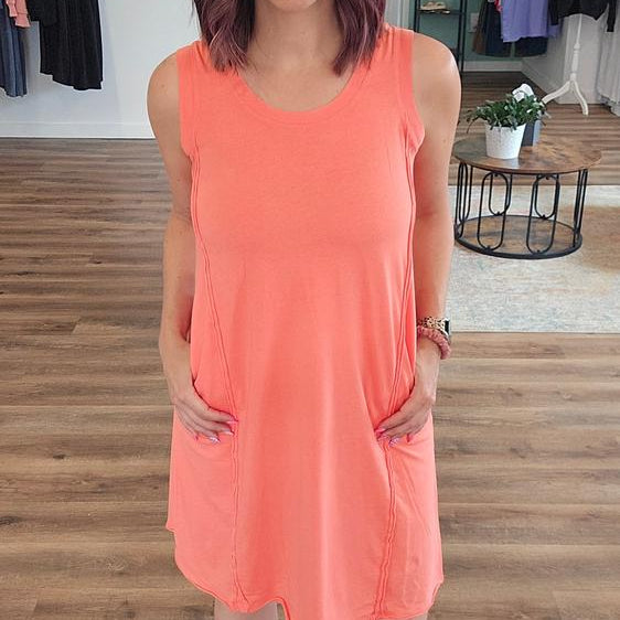 Shop Easy Breezy Raw Edge Dress with Pockets - Coral- at Ruby Joy Boutique, a Women's Clothing Store in Pickerington, Ohio