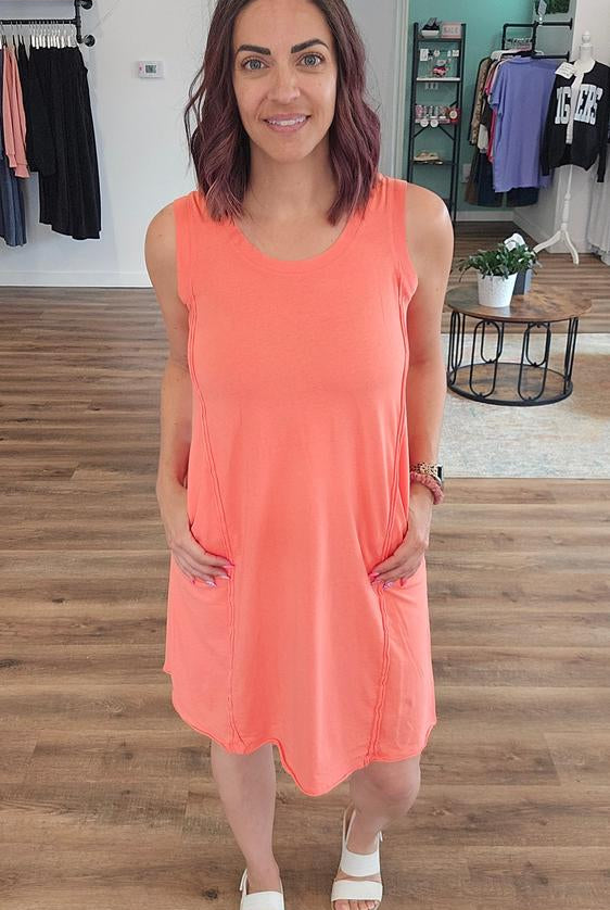 Shop Easy Breezy Raw Edge Dress with Pockets - Coral- at Ruby Joy Boutique, a Women's Clothing Store in Pickerington, Ohio