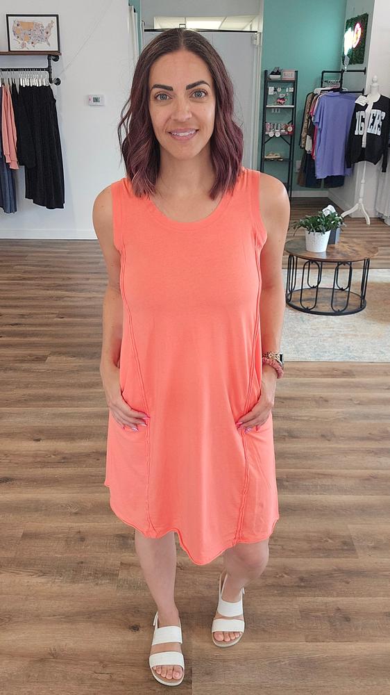 Shop Easy Breezy Raw Edge Dress with Pockets - Coral- at Ruby Joy Boutique, a Women's Clothing Store in Pickerington, Ohio