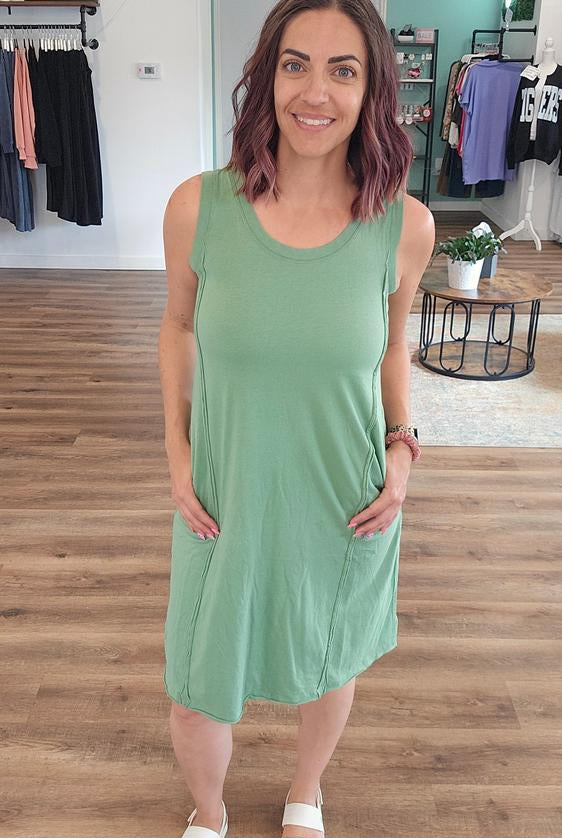 Shop Easy Breezy Raw Edge Dress with Pockets - Green Tea- at Ruby Joy Boutique, a Women's Clothing Store in Pickerington, Ohio