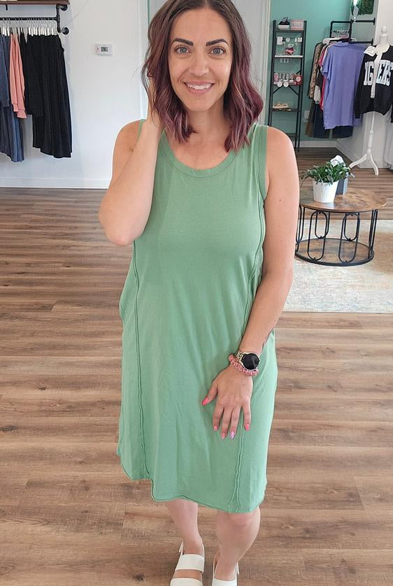 Shop Easy Breezy Raw Edge Dress with Pockets - Green Tea- at Ruby Joy Boutique, a Women's Clothing Store in Pickerington, Ohio