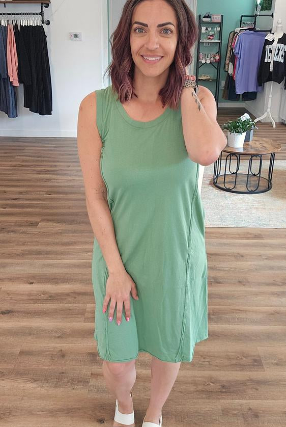 Shop Easy Breezy Raw Edge Dress with Pockets - Green Tea- at Ruby Joy Boutique, a Women's Clothing Store in Pickerington, Ohio