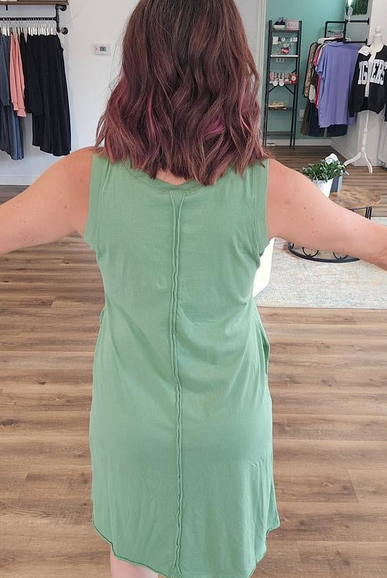 Shop Easy Breezy Raw Edge Dress with Pockets - Green Tea- at Ruby Joy Boutique, a Women's Clothing Store in Pickerington, Ohio
