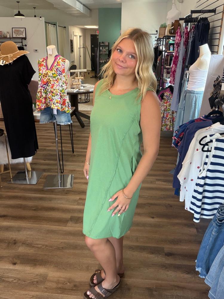 Shop Easy Breezy Raw Edge Dress with Pockets - Green Tea- at Ruby Joy Boutique, a Women's Clothing Store in Pickerington, Ohio
