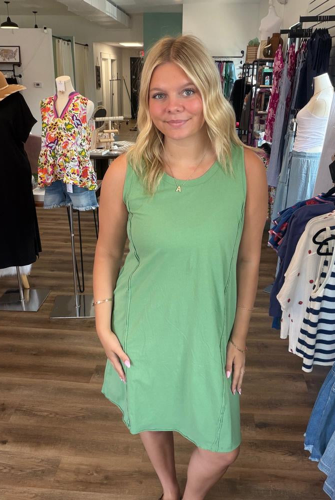 Shop Easy Breezy Raw Edge Dress with Pockets - Green Tea- at Ruby Joy Boutique, a Women's Clothing Store in Pickerington, Ohio