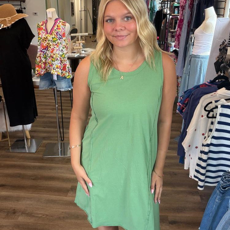 Shop Easy Breezy Raw Edge Dress with Pockets - Green Tea- at Ruby Joy Boutique, a Women's Clothing Store in Pickerington, Ohio