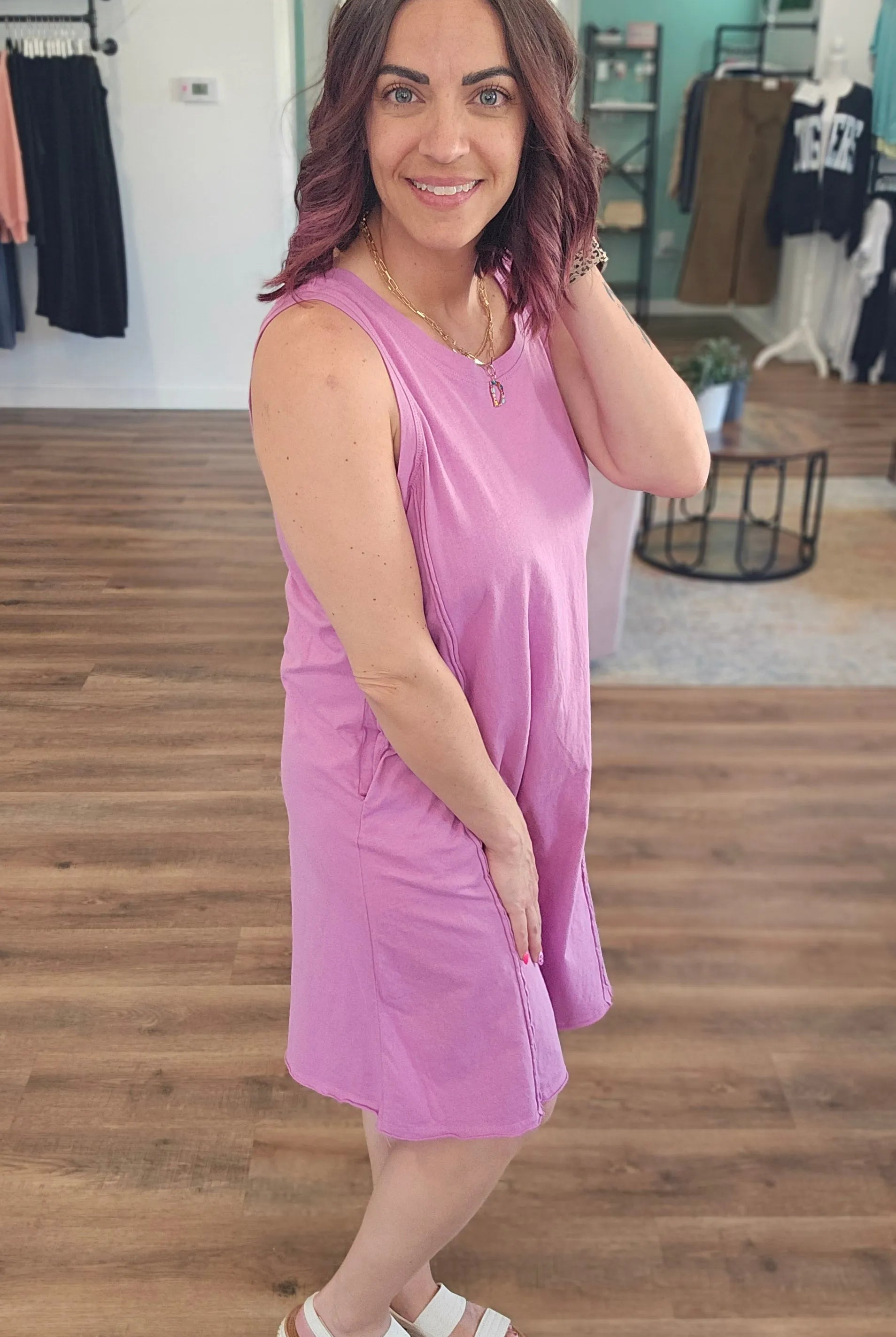 Shop Easy Breezy Raw Edge Dress with Pockets - Orchid- at Ruby Joy Boutique, a Women's Clothing Store in Pickerington, Ohio