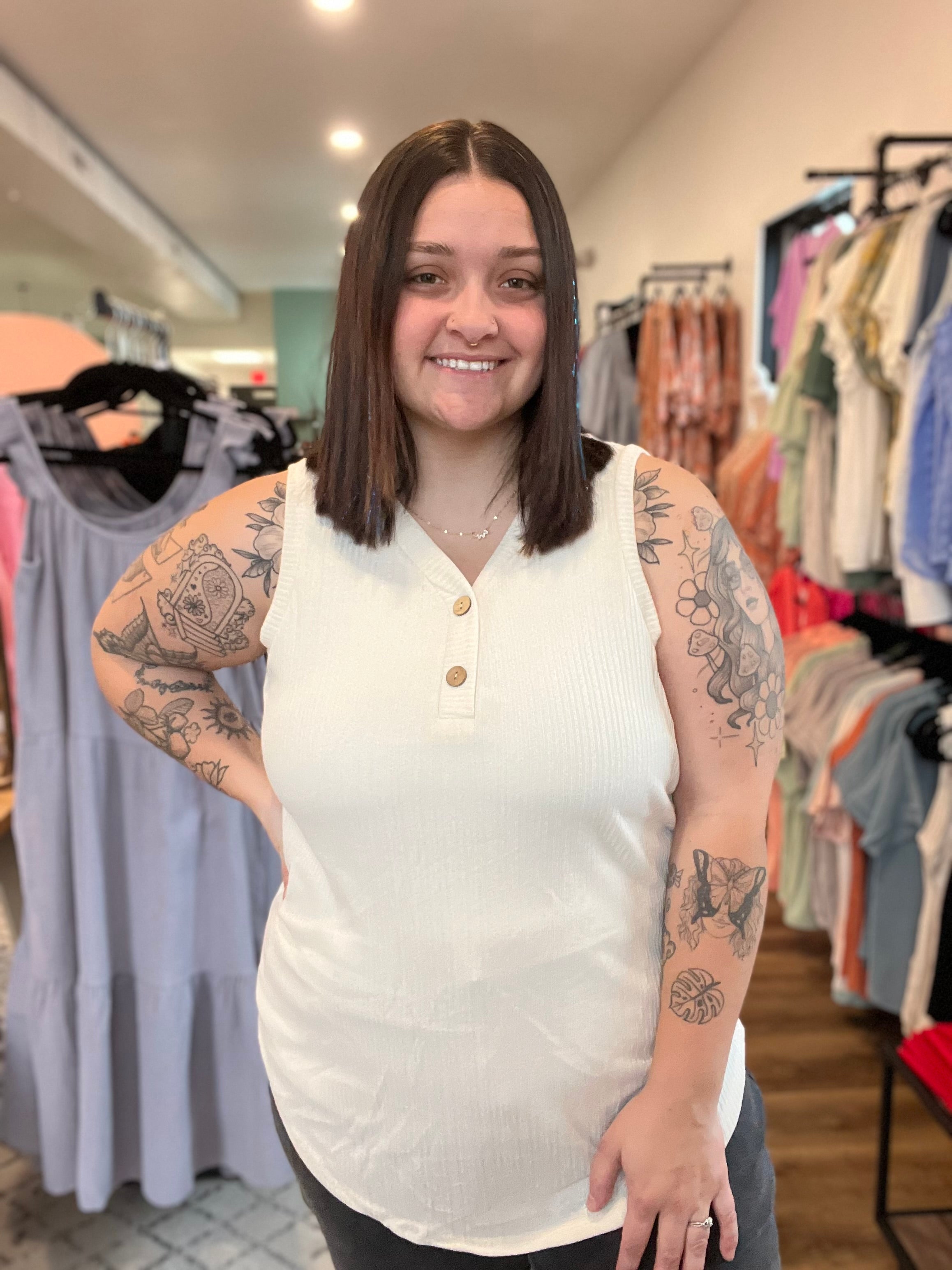 Shop Essential Ivory Henley Tank Top-Shirts & Tops at Ruby Joy Boutique, a Women's Clothing Store in Pickerington, Ohio