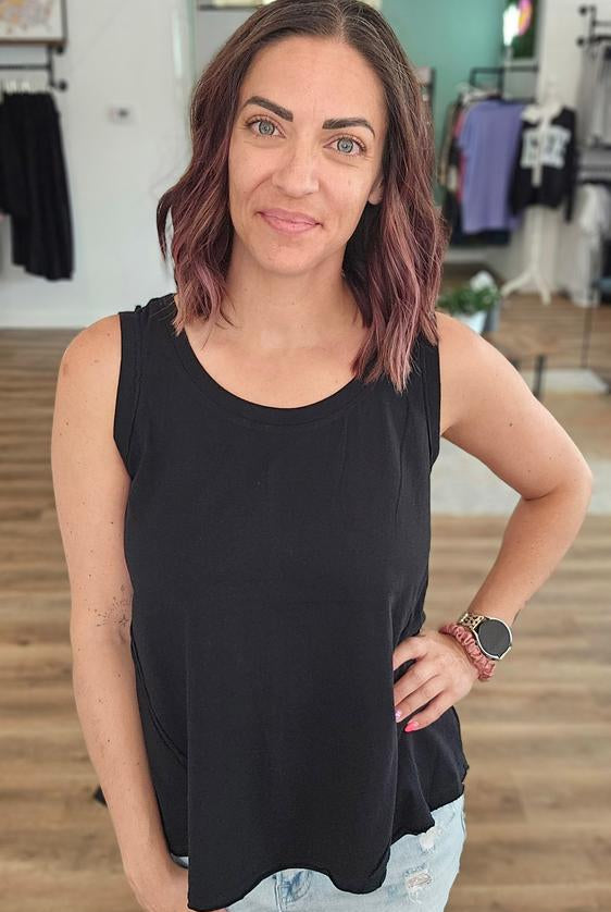 Shop Essential Raw Edge Tank - Black- at Ruby Joy Boutique, a Women's Clothing Store in Pickerington, Ohio