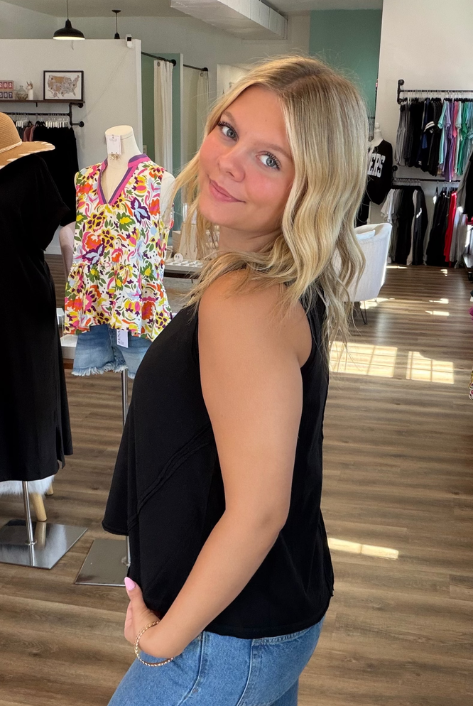 Shop Essential Raw Edge Tank - Black- at Ruby Joy Boutique, a Women's Clothing Store in Pickerington, Ohio