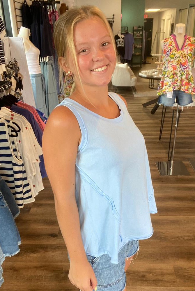 Shop Essential Raw Edge Tank - Sky Blue- at Ruby Joy Boutique, a Women's Clothing Store in Pickerington, Ohio