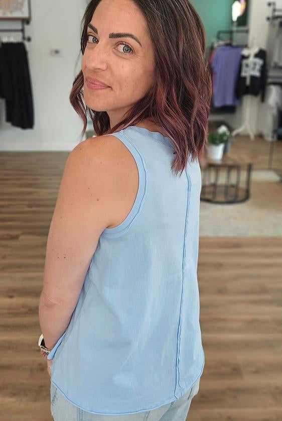 Shop Essential Raw Edge Tank - Sky Blue- at Ruby Joy Boutique, a Women's Clothing Store in Pickerington, Ohio