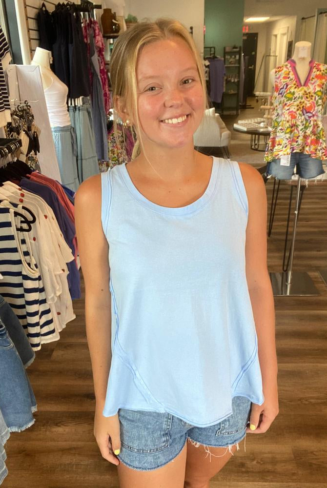 Shop Essential Raw Edge Tank - Sky Blue- at Ruby Joy Boutique, a Women's Clothing Store in Pickerington, Ohio