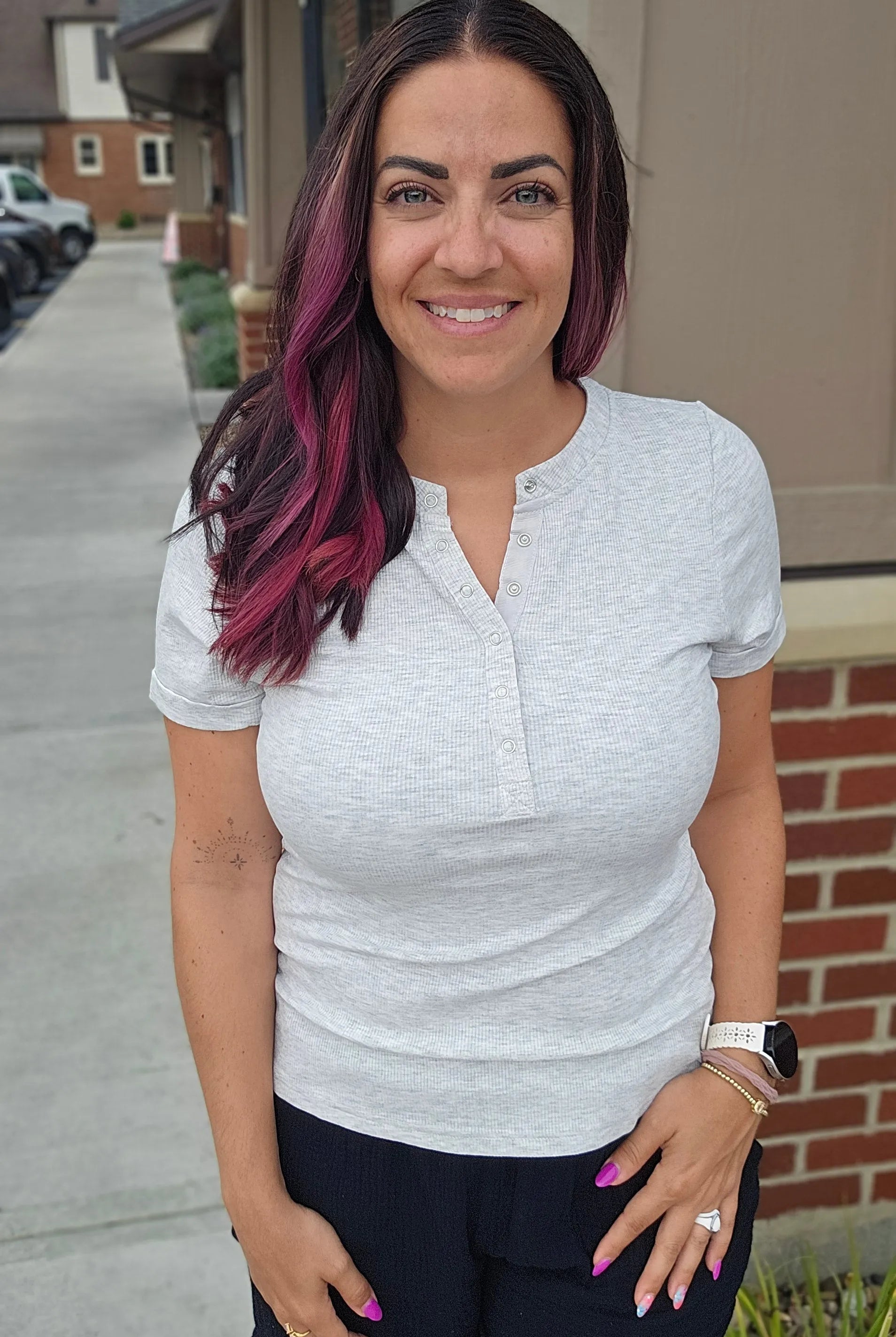 Shop Everyday Snap Henley Tee - Heather Gray- at Ruby Joy Boutique, a Women's Clothing Store in Pickerington, Ohio