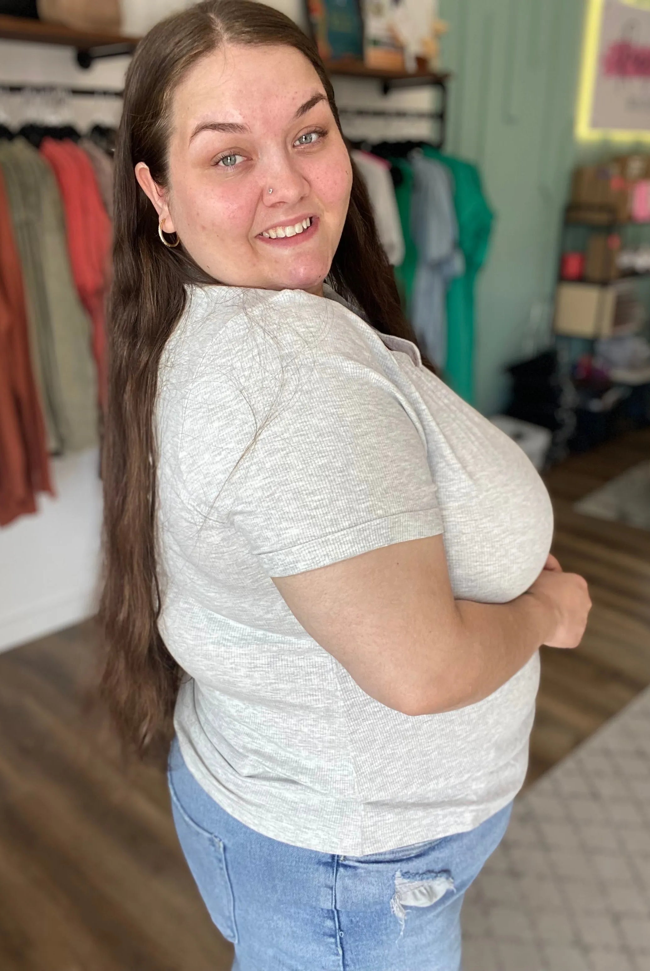 Shop Everyday Snap Henley Tee - Heather Gray- at Ruby Joy Boutique, a Women's Clothing Store in Pickerington, Ohio