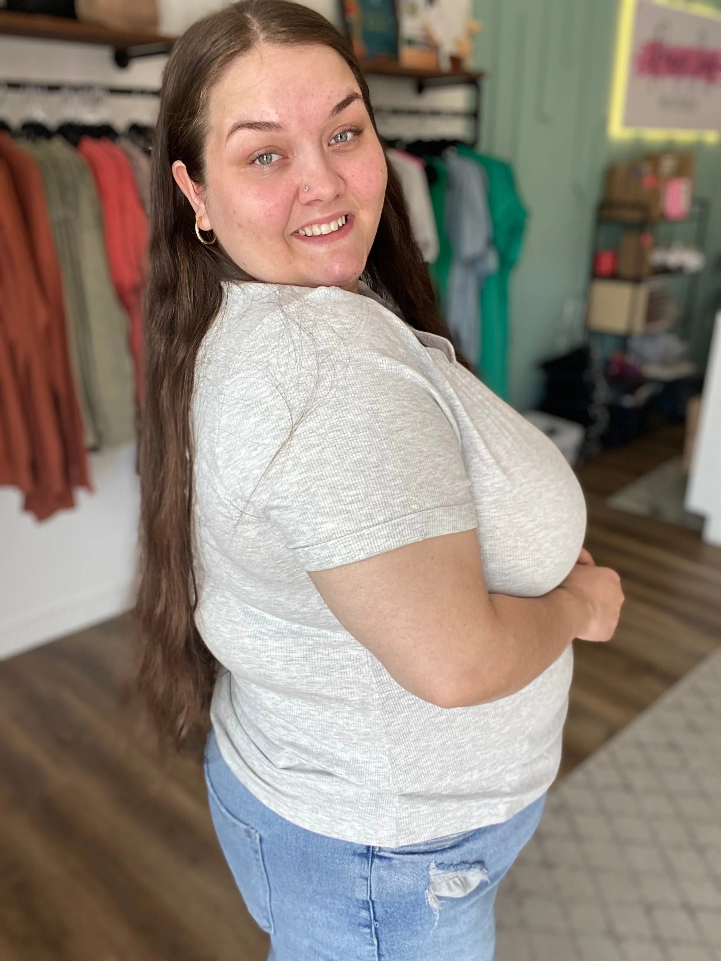 Shop Everyday Snap Henley Tee - Heather Gray- at Ruby Joy Boutique, a Women's Clothing Store in Pickerington, Ohio