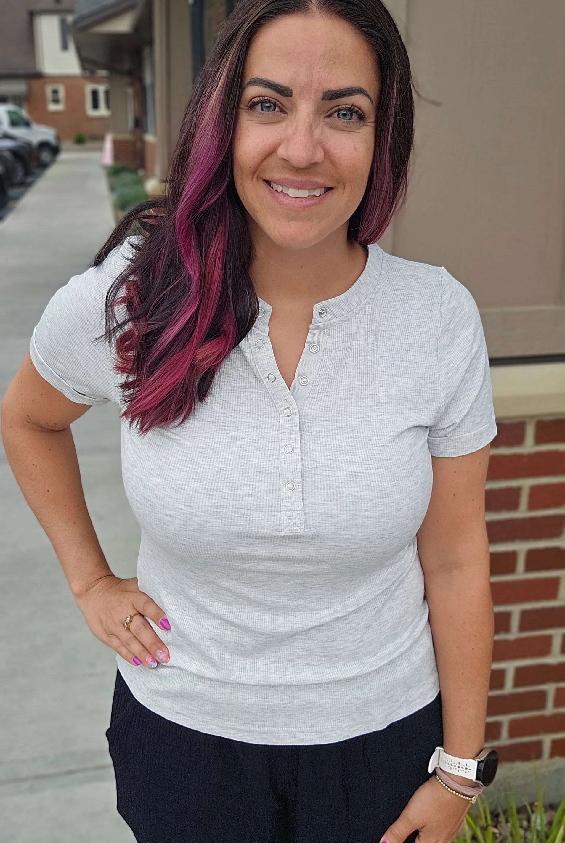 Shop Everyday Snap Henley Tee - Heather Gray- at Ruby Joy Boutique, a Women's Clothing Store in Pickerington, Ohio