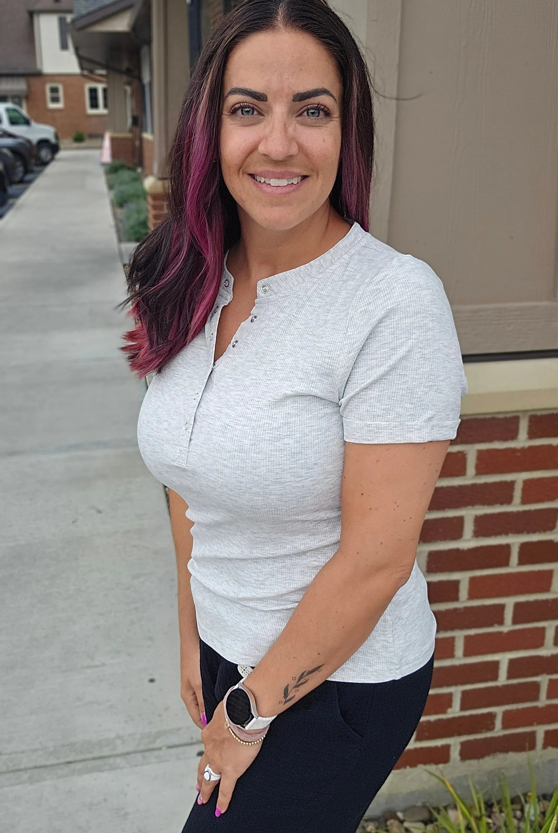 Shop Everyday Snap Henley Tee - Heather Gray- at Ruby Joy Boutique, a Women's Clothing Store in Pickerington, Ohio