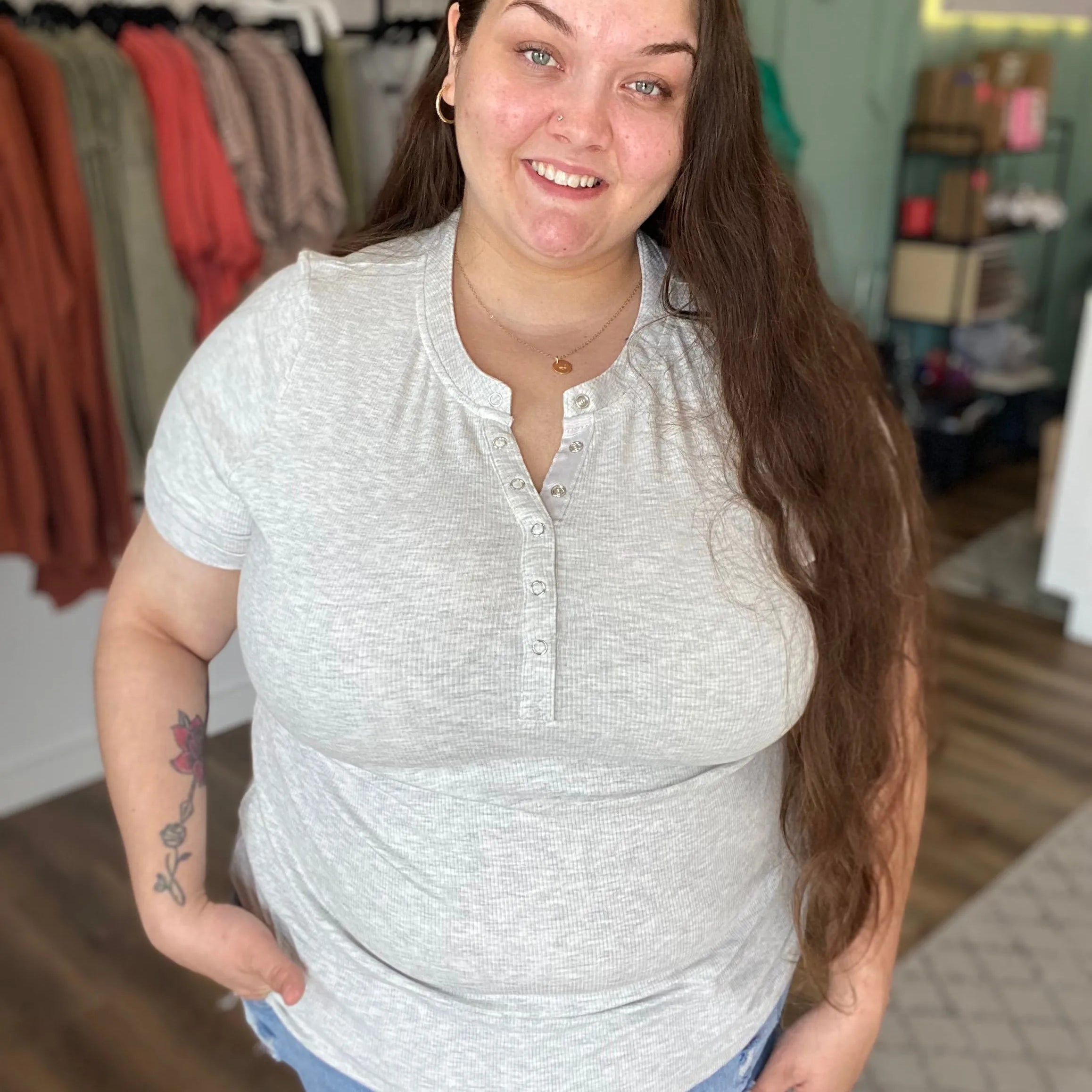 Shop Everyday Snap Henley Tee - Heather Gray-1XL at Ruby Joy Boutique, a Women's Clothing Store in Pickerington, Ohio