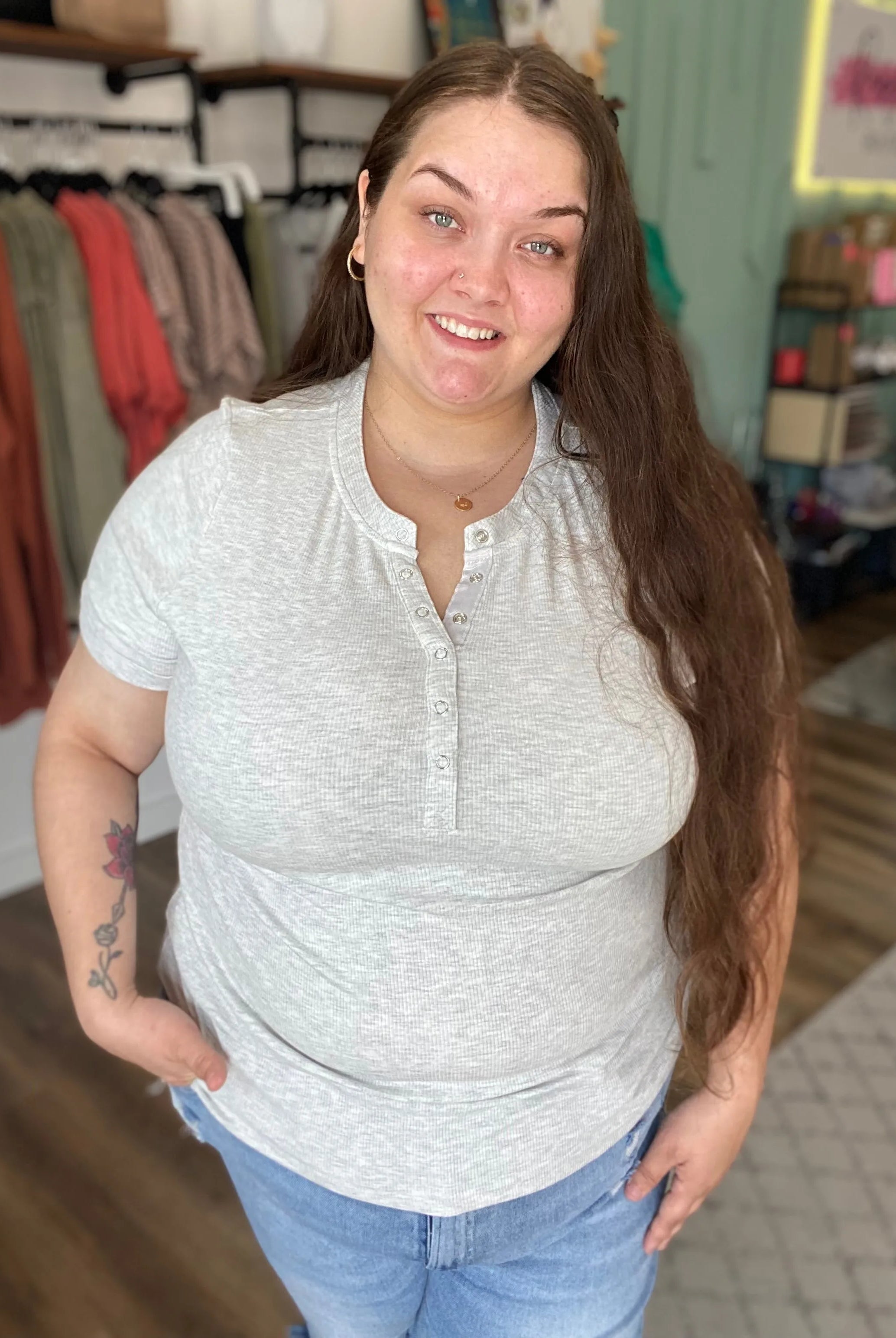 Shop Everyday Snap Henley Tee - Heather Gray-1XL at Ruby Joy Boutique, a Women's Clothing Store in Pickerington, Ohio