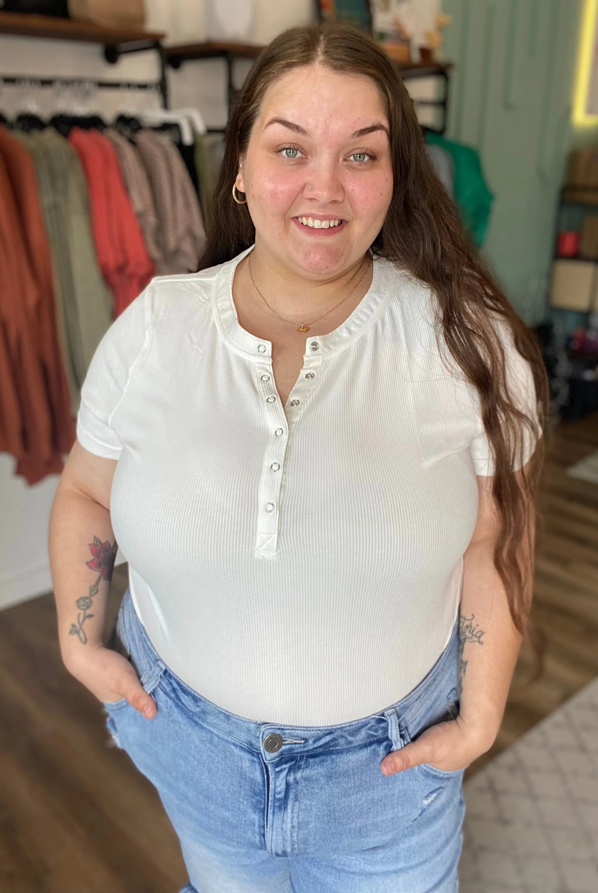 Shop Everyday Snap Henley Tee - Ivory-1XL at Ruby Joy Boutique, a Women's Clothing Store in Pickerington, Ohio