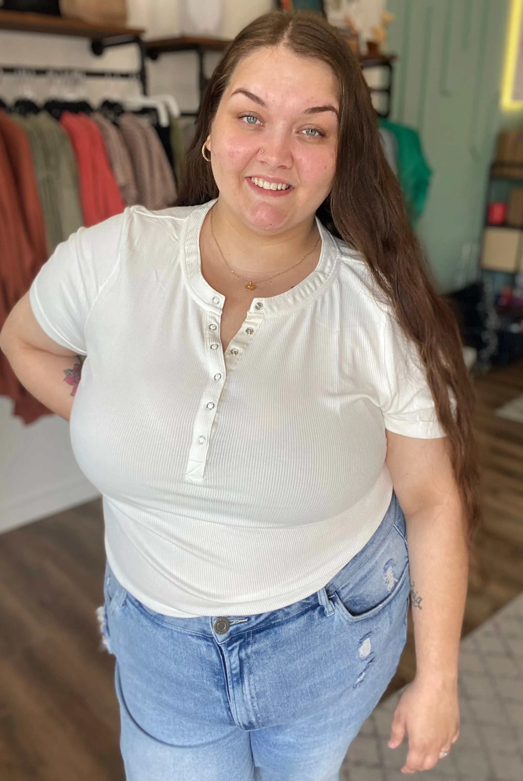 Shop Everyday Snap Henley Tee - Ivory- at Ruby Joy Boutique, a Women's Clothing Store in Pickerington, Ohio