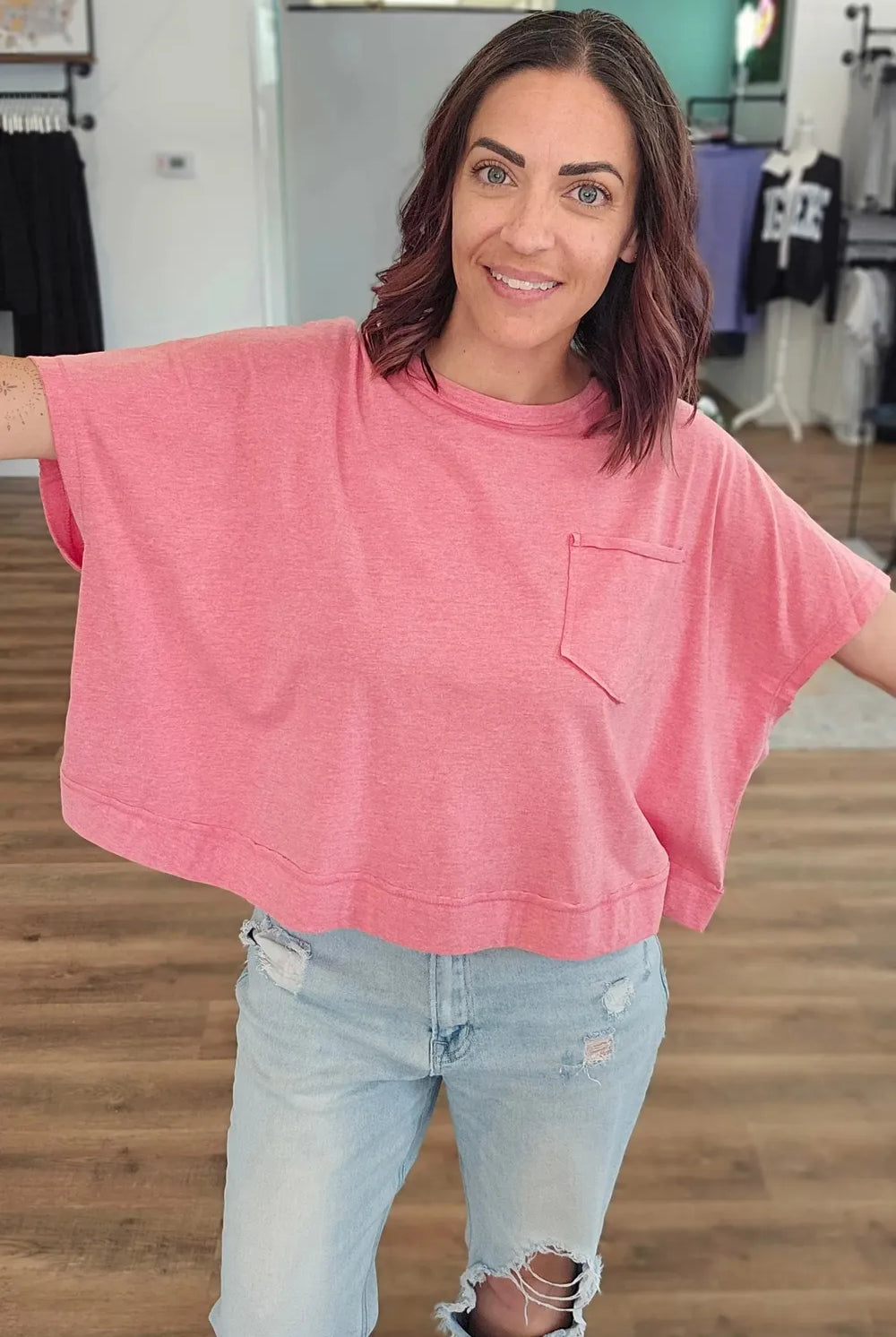 Shop Exposed Seam Boxy Pocket Tee - Vintage Red- at Ruby Joy Boutique, a Women's Clothing Store in Pickerington, Ohio