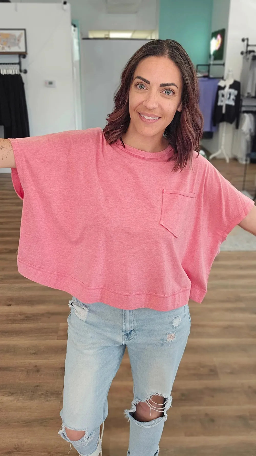 Shop Exposed Seam Boxy Pocket Tee - Vintage Red- at Ruby Joy Boutique, a Women's Clothing Store in Pickerington, Ohio