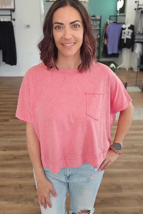 Shop Exposed Seam Boxy Pocket Tee - Vintage Red- at Ruby Joy Boutique, a Women's Clothing Store in Pickerington, Ohio