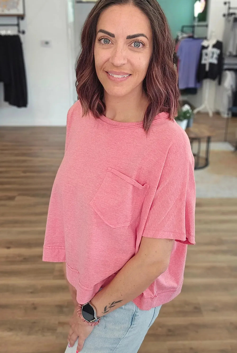 Shop Exposed Seam Boxy Pocket Tee - Vintage Red- at Ruby Joy Boutique, a Women's Clothing Store in Pickerington, Ohio