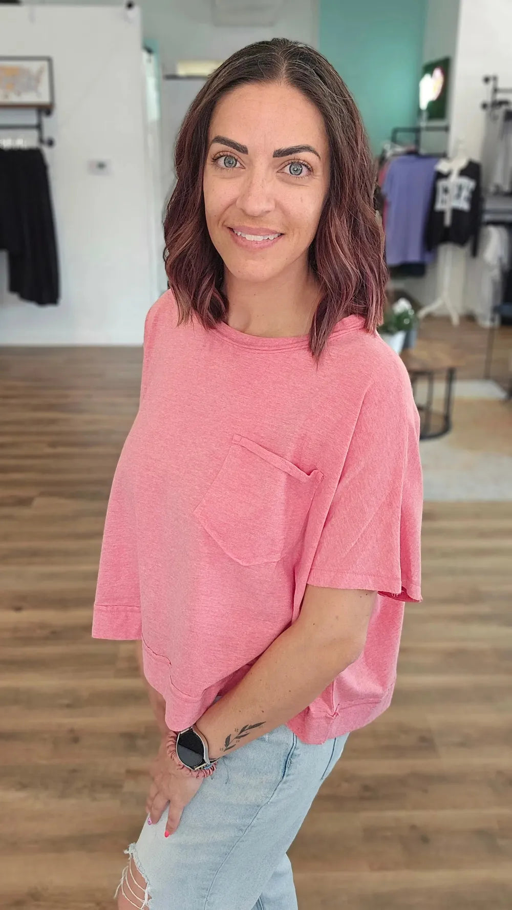 Shop Exposed Seam Boxy Pocket Tee - Vintage Red- at Ruby Joy Boutique, a Women's Clothing Store in Pickerington, Ohio