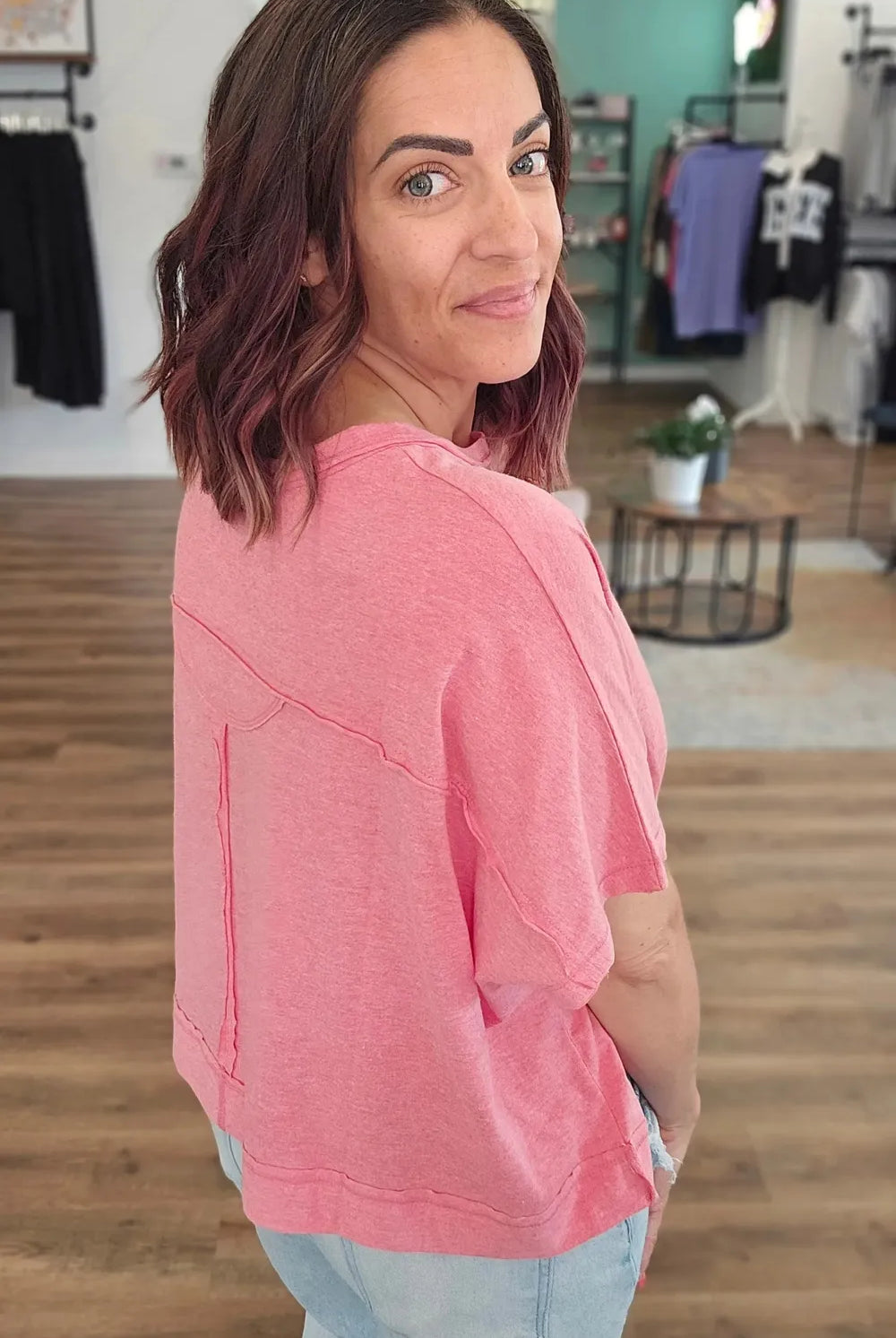 Shop Exposed Seam Boxy Pocket Tee - Vintage Red- at Ruby Joy Boutique, a Women's Clothing Store in Pickerington, Ohio