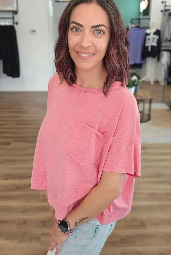 Shop Exposed Seam Boxy Pocket Tee - Vintage Red- at Ruby Joy Boutique, a Women's Clothing Store in Pickerington, Ohio