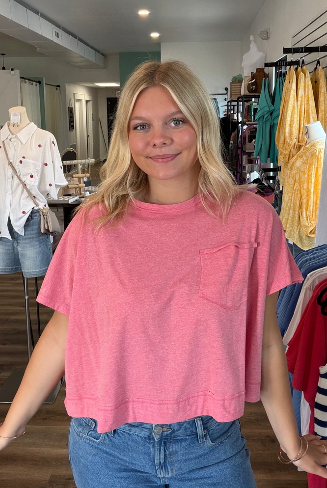 Shop Exposed Seam Boxy Pocket Tee - Vintage Red- at Ruby Joy Boutique, a Women's Clothing Store in Pickerington, Ohio