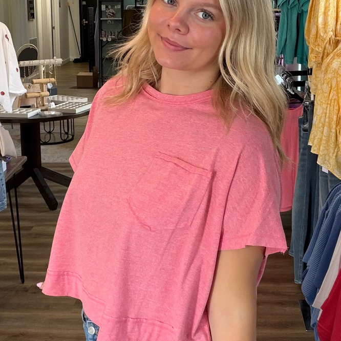 Shop Exposed Seam Boxy Pocket Tee - Vintage Red- at Ruby Joy Boutique, a Women's Clothing Store in Pickerington, Ohio
