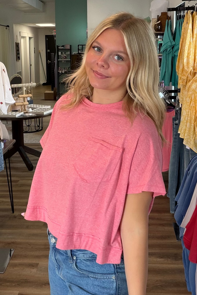 Shop Exposed Seam Boxy Pocket Tee - Vintage Red- at Ruby Joy Boutique, a Women's Clothing Store in Pickerington, Ohio